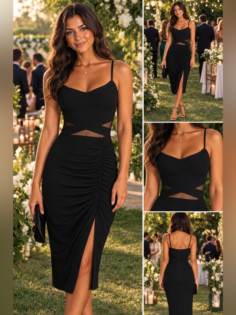 Emerald Sundae Black Bodycon Mesh Cutout Ruched Midi Cocktail Party Dress M